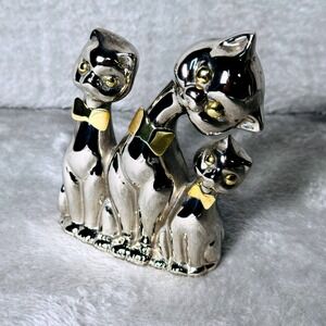 Vintage Chrome Silver MCM Cat Family Figurine 3 Cats Gold Bow Ties Retro